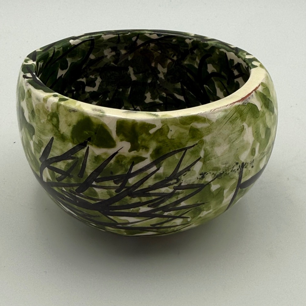 Hand Painted Studio Pottery Bowl Folk Art Forest Figures Green Ceramic 3.25in - Picture 4 of 8